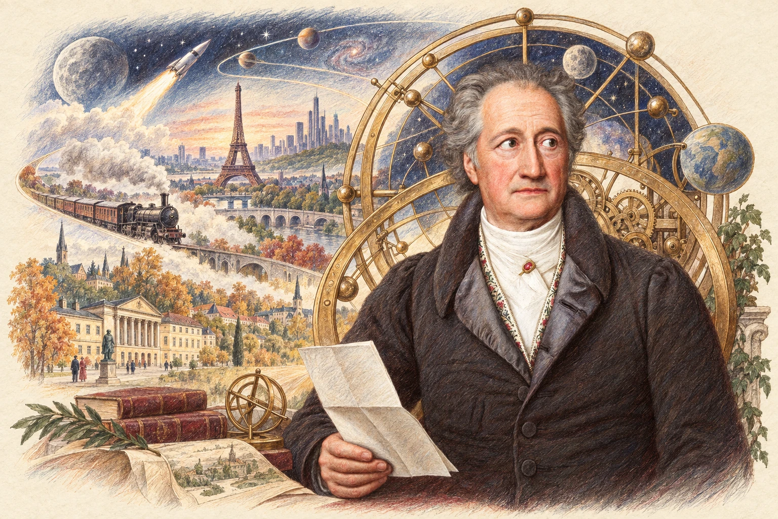 Goethe nach dem Porträt von Stieler, umgeben von einem astronomischen Zeitinstrument, einer Dampflok, dem Eiffelturm und einer Reise zum Mond. Farbige Buntstiftzeichnung.