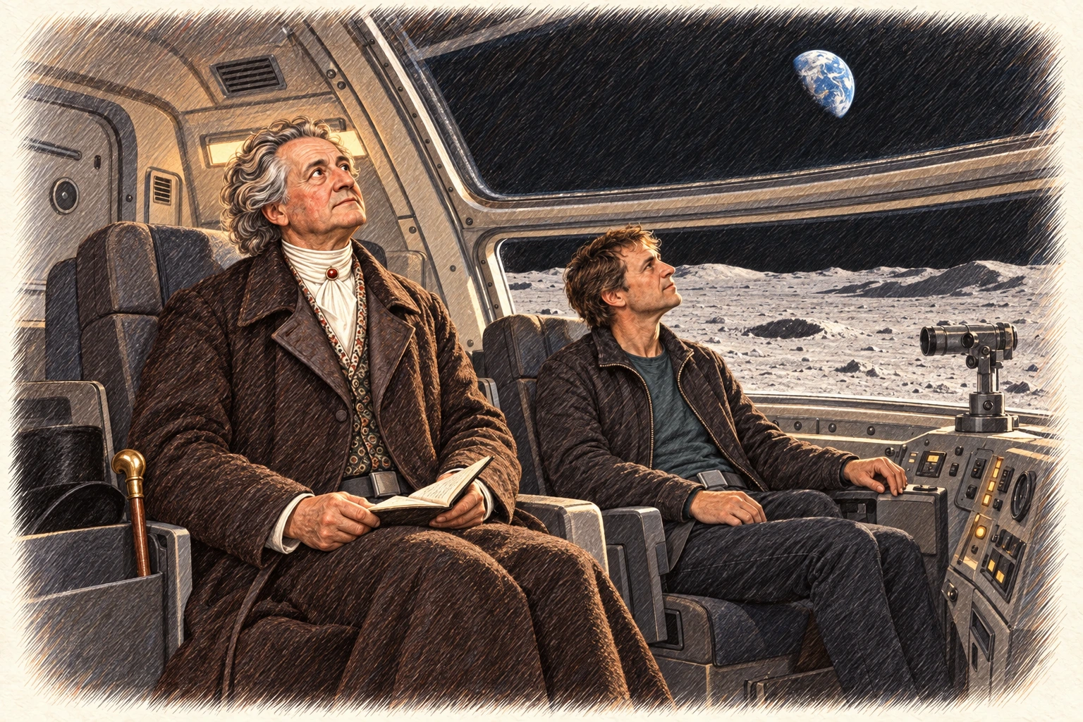 Goethe und Paul sitzen in der geschlossenen Kabine auf dem Mond. Goethe blickt von seinem Notizbuch zur Erde hoch über dem grauen Gelände. Farbige Buntstiftzeichnung.